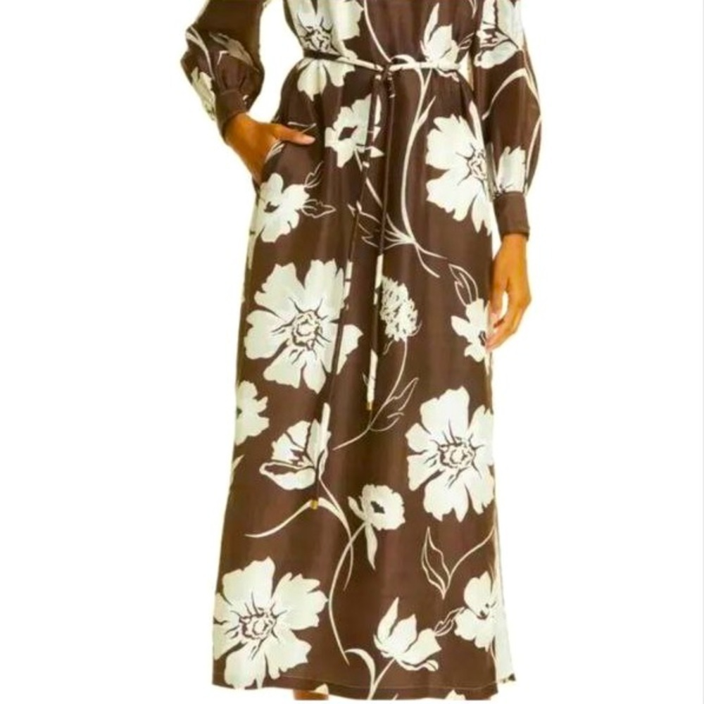 Tory Burch Printed Silk Tunic Collar Brown Daisy Dress sz L RARE no belt - Picture 3 of 10